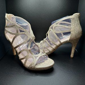 Fergalicious Gold Strappy Snakeskin Stiletto Heels Sandals Size 9